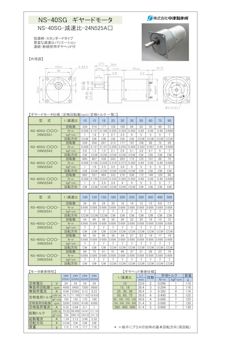 ギヤードモータ　NS-40SG-減速比-24N525A□ (共栄通信工業株式会社) のカタログ