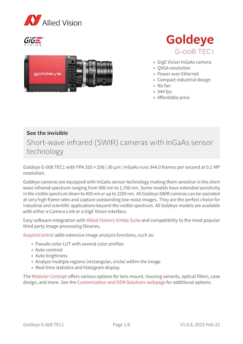 SWIRカメラ　 Goldeye G-008 TEC1 データシート (Allied Vision Technologies ASIA PTE.LTD) のカタログ