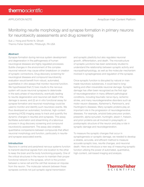神経毒性評価および薬物スクリーニングのための、初代神経細胞の神経突起形態とシナプス形成のモニタリング（英語） (ライフテクノロジーズジャパン株式会社) のカタログ