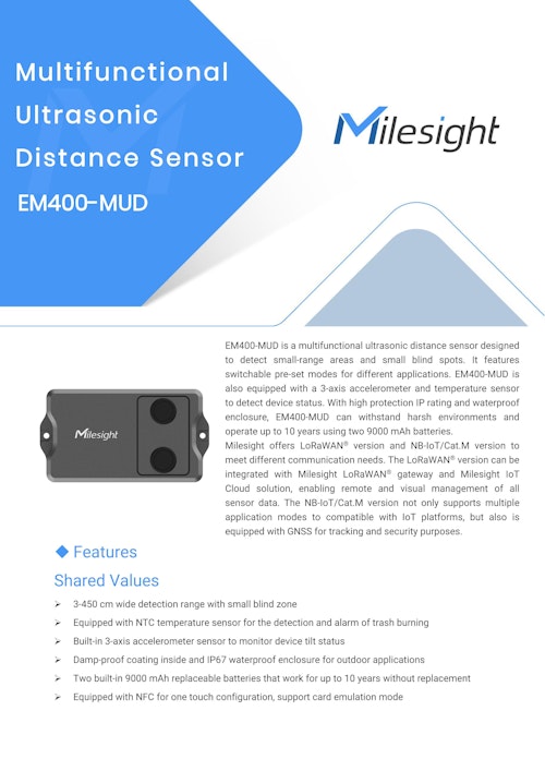 IP67防塵防水 屋外用LoRaWAN多機能超音波距離センサー Milesight EM400-MUD (サンテックス株式会社) のカタログ