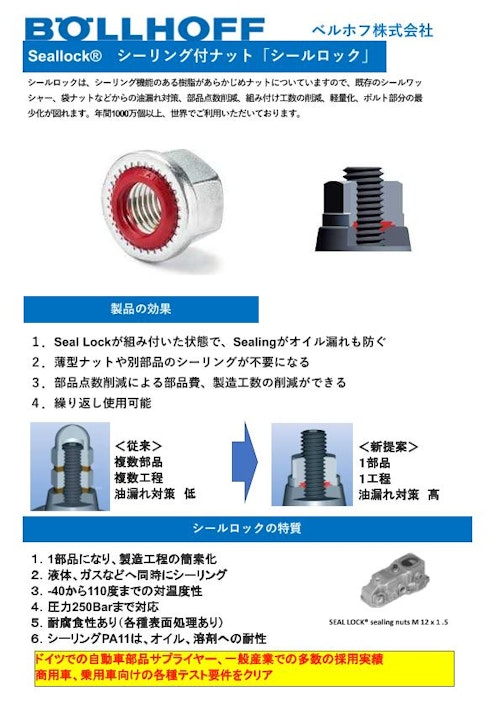 シーリング機能付ナット　ワッシャー不要シールロック (ベルホフ株式会社) のカタログ