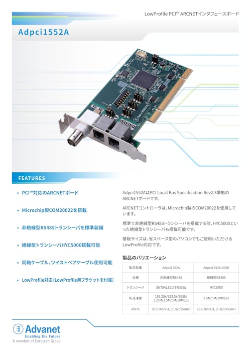 【Adpci1552A】LowProfile PCI™ ARCNETインタフェースボード (株式会社アドバネット) のカタログ