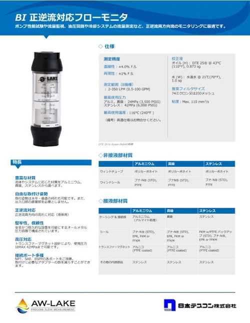 フローモニター　BIシリーズ／正逆流対応モデル (日本テスコン株式会社) のカタログ